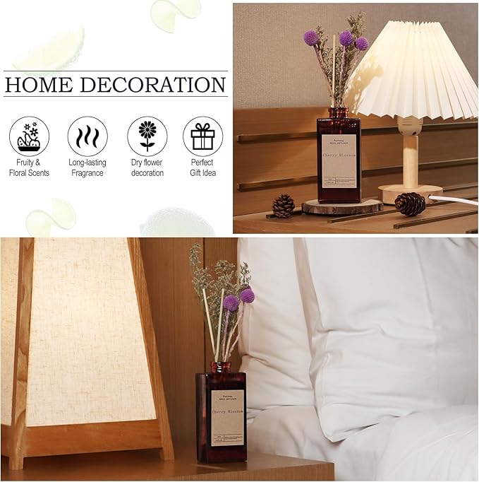 Reed Diffuser Set - Cherry Blossom Essential Oil, 5 oz/150ml Black Currant Aroma Scent Oils Bathroom Air Freshener with Flower Decoration and Diffuser Sticks, Home Fragrance for Room Decor