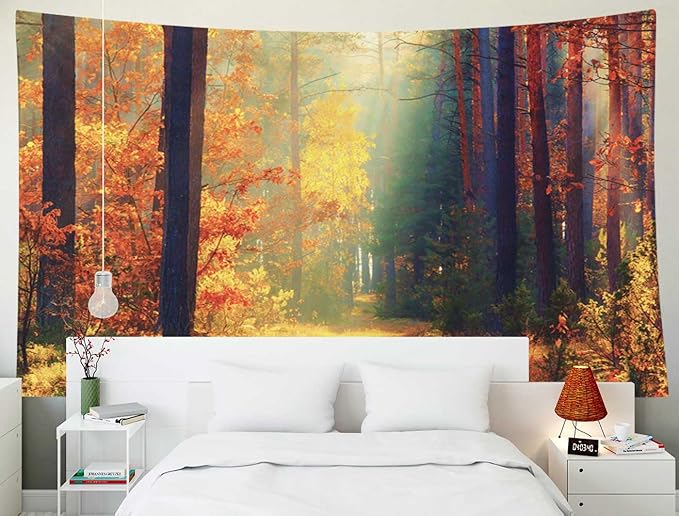 EMMTEEY Forest Tapestry Wall Hanging - Sunlight in Fall Forest Path Autumn Landscape - Large Wall Art - 92.5X70.9 - For Bedroom