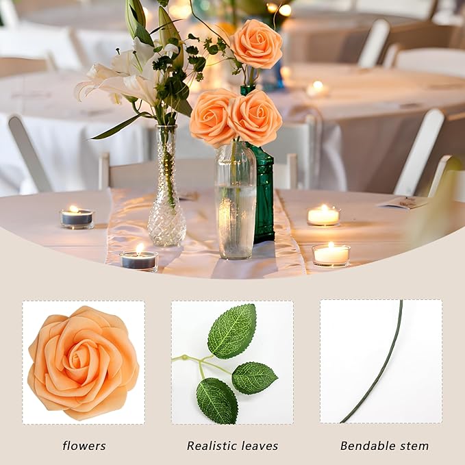 Artificial Flowers 50Pcs Orange Roses Real Looking Foam Fake Roses with Leaves for DIY Wedding Bouquets Bridal Shower Centerpieces Party Decorations (Orange, 50)