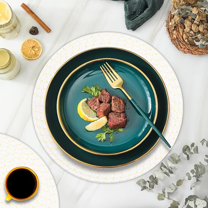 Round Placemats Set of 6, Cotton Rope Woven Table Mats, Hot Pads for Kitchen, Non Slip Heat Resistant Place Mats, 13 Inches Braided Placemat for Farmhouse Decor and Kitchen Table Decor (Beige Line)