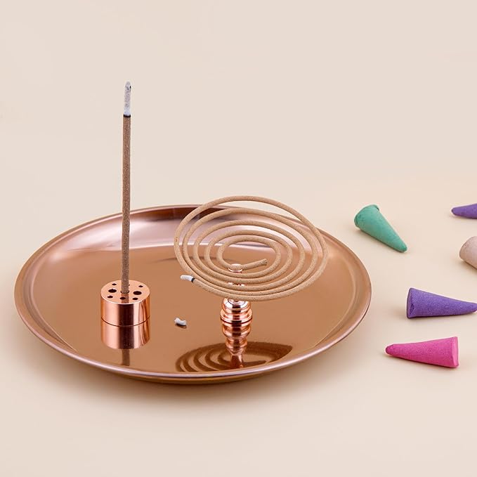 ZenBless 5 in 1 Incense Burner Holder, Palo Santo Holder, Sage Holder, Incense Sticks/Coil/Cones, 5.5 inches Brass Ash Catcher for Meditation Yoga Room(Rosegold)