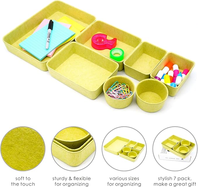 Welaxy Drawer organizers tray Felt storage bins office Desk dividers Morandi Colors Shallow Box 7-Piece round (Linden green)