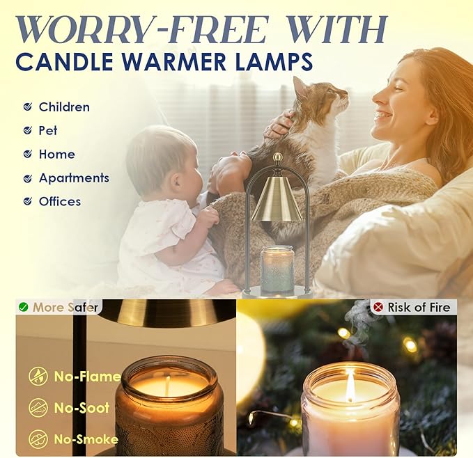 Soilsiu Candle Warmer Lamp with Timer, Electric Brass Candle Warmer Light for Bedroom, Dimmable Wax Melts Warmer for Candle Jars, Beside Lamp Gifts for Women Home Decor (2 Bulbs Included)