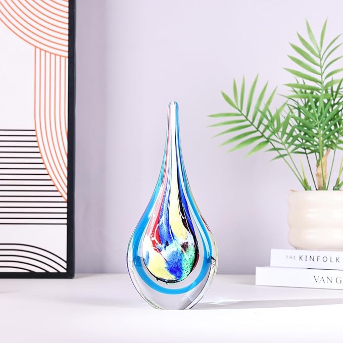DOVDOV Blown Glass Sculpture, Stained Glass Art Teardrop Statue, Unique Ocean Theme Decoration for Office, Bookshelf, Dresser, Living Room Coffee Table, Fireplace countertop Decoration.