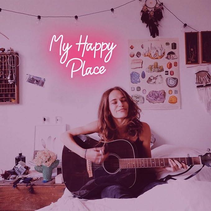 My Happy Place Neon Sign, Dimmable Pink LED Neon Light for Wall Decor, USB Powered My Happy Place Signs, Words Neon Lights for Girls Bedroom Birthday Party Wedding Christmas Halloween Aesthetic
