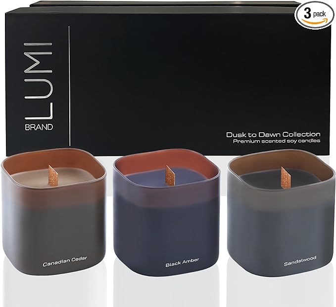 Set of 3 Scented Soy Candles Gift Set | Dusk to Dawn Collection | 3 Scented Candles - Canadian Cedar, Black Amber, and Sandalwood | Crackling Wood Wick | Clean Burn | 50+HR Burn Time, 9.8oz Each