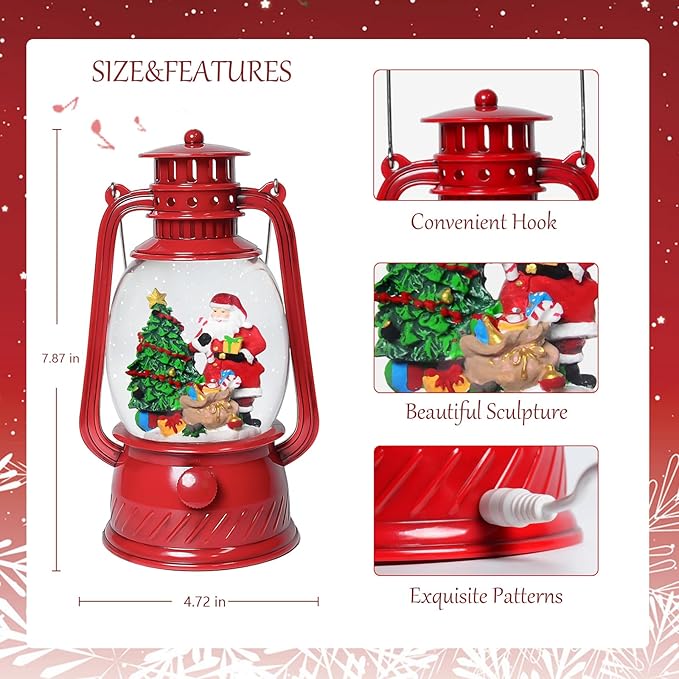 Christmas Snow Globes, 7.8" Santa Claus Christmas Glitter Lantern with 8 Songs, 6H Timer Battery & USB Powered Music Box for Christmas Table Decorations