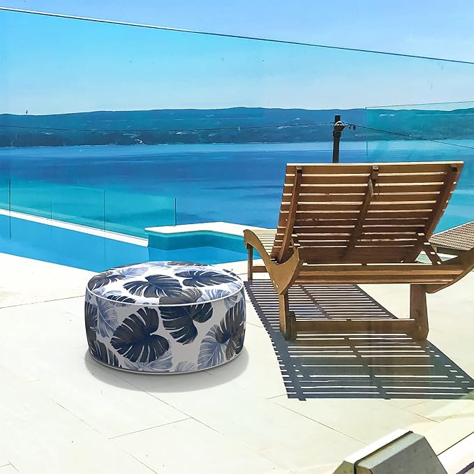 LVTXIII Indoor/Outdoor Inflatable Ottoman, All Weather Round Footrest Stool D21”x H9”, Portable for Patio Garden Camping or Home-Big Leaves