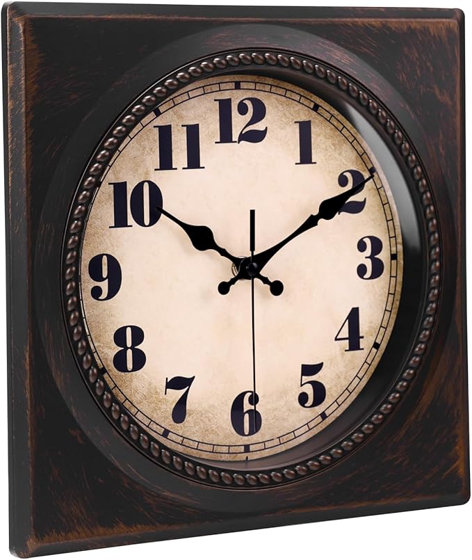 Wall Clock Vintage 1950s Style - Square Retro 12 Inch Wall Clocks Battery Operated for Kitchen Home Decor,Bronze