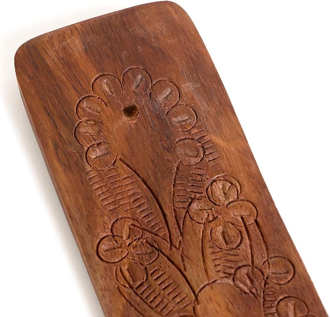 Incense Garden Wood Incense Holder - Carved Wooden Ash Catcher - Hand Stained - 10 inches Long (Brown)
