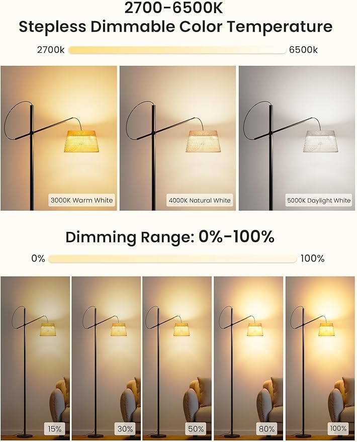 Arc Floor Lamp with Remote, Boho Floor Lamp with 3 Color Temperatures, 2700K-6500K Dimmable Rattan Standing Lamp with LED Bulb and Foot Switch, Adjustable Tall Lamp for Living Room Bedroom