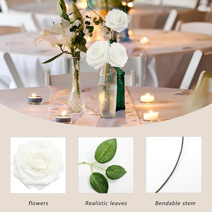 Artificial Flowers 50PCS White Roses Real Looking Foam Fake Roses with Leaves and for DIY Wedding Bouquets Bridal Shower Centerpieces Party Decorations (White)