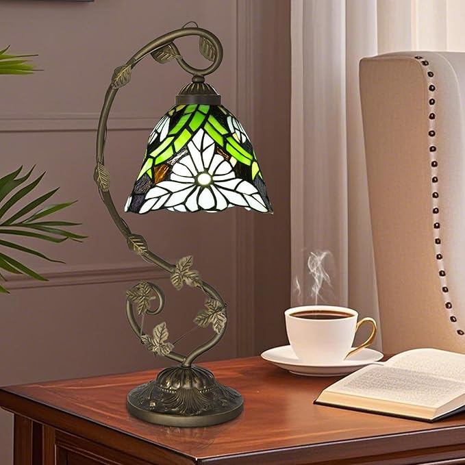 Tiffany Lamp,21x11x8 inches Stained Glass Lamp,White Chrysanthemum Tiffany Style Table Lamp with Three-Color Dimming for Bedside,Dining Table,Antique Office