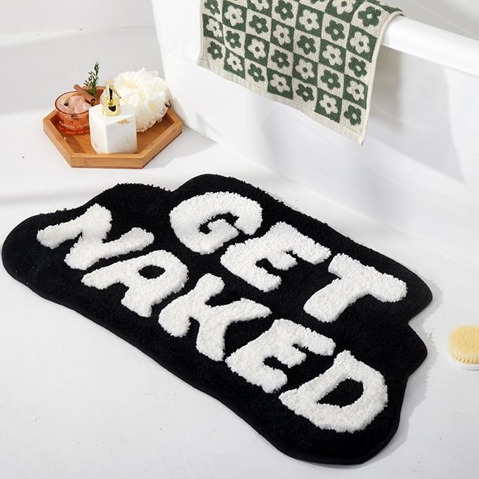 Irregular Shaped Get Naked Bath Mat - Fun, Cute Non-Slip Black & White Decor, 31" x 18"