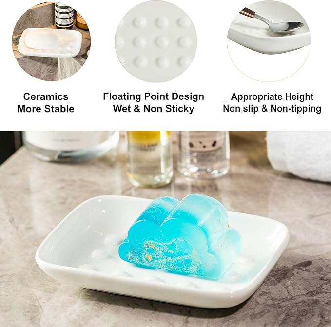 Soap Dish, Ceramic Soap Holder Shower Soap Dish for Bar Soap Sponge, Soap Saver Tray for Bathroom Kitchen Sink, White
