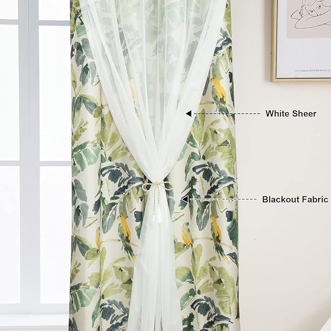 Leeva 96 Inch Curtains with White Sheer Tulle Overlay, Green Bird Printing Light Filtering Curtains 2 Panels Set, Grommet Drapes for Nursery Living Room, 52 x 96 Inches