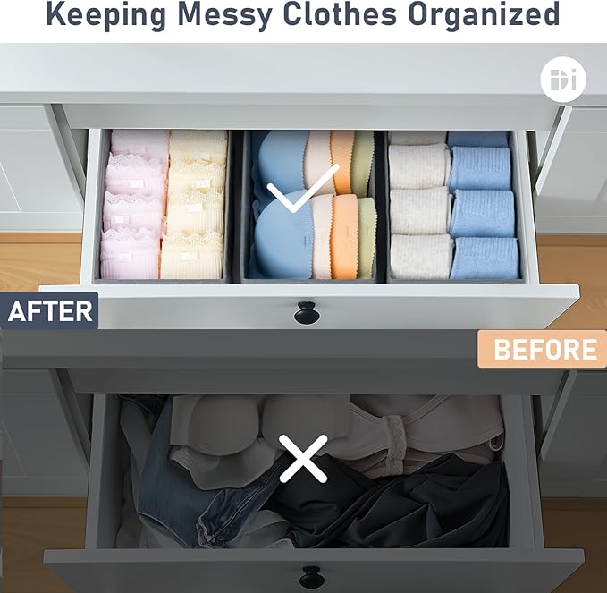 DIMJ Drawer Organizer Clothes - Underwear Organizer Small Sock Organizer Closet Organizers and Storage Box Dresser Drawer Dividers for Baby Clothes,Bra,Socks, Belt, Tie, Set of 6,Grey