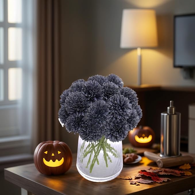 Kimura's Cabin 20Pcs Black Fake Silk Flowers Artificial Chrysanthemum Ball Flower Faux Mums Flowers for Home Dining Table Core Halloween Party DIY Decoration Bouquets (Grey Black)