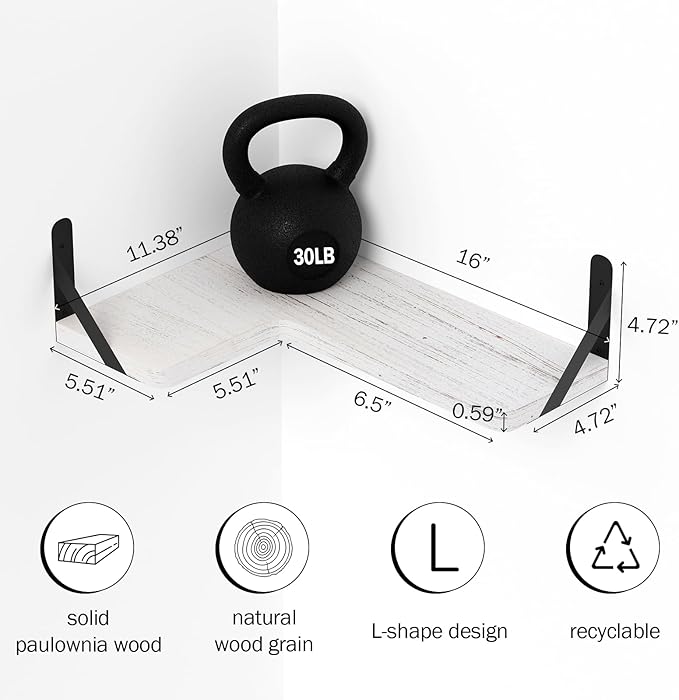 Muzilife Corner Floating Shelves Wooden Floating Shelve Set of 4, Wall Mounted for Storage, L-Shaped Shelves for Wall Decor Wall Organizer for Bedroom, Bathroom, Kitchen, Living Room and Office, White