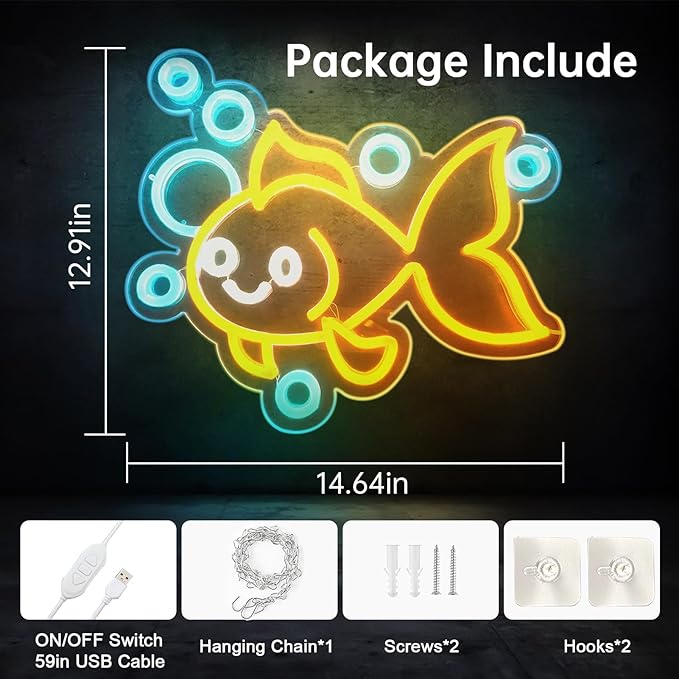 Fishing Neon Signs for Wall Decor,Bright Dimmable Led Goldfish Fish Animal Neon Light Powered by USB for Fishing Decor Room Bedroom Birthday Party Kids Gifts Man Cave Living Room