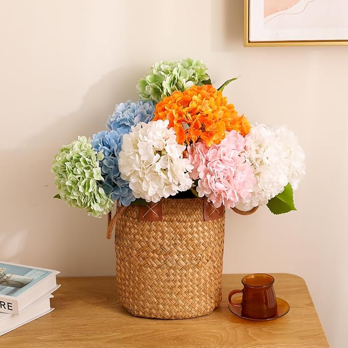 Tifuly Fake Hydrangea Artificial Flowers with Vase 4pcs Real Touch Faux Hydrangea with 3pcs Eucalyptus Stems for Wedding Centerpiece Home Party Table Decoration(Pink)