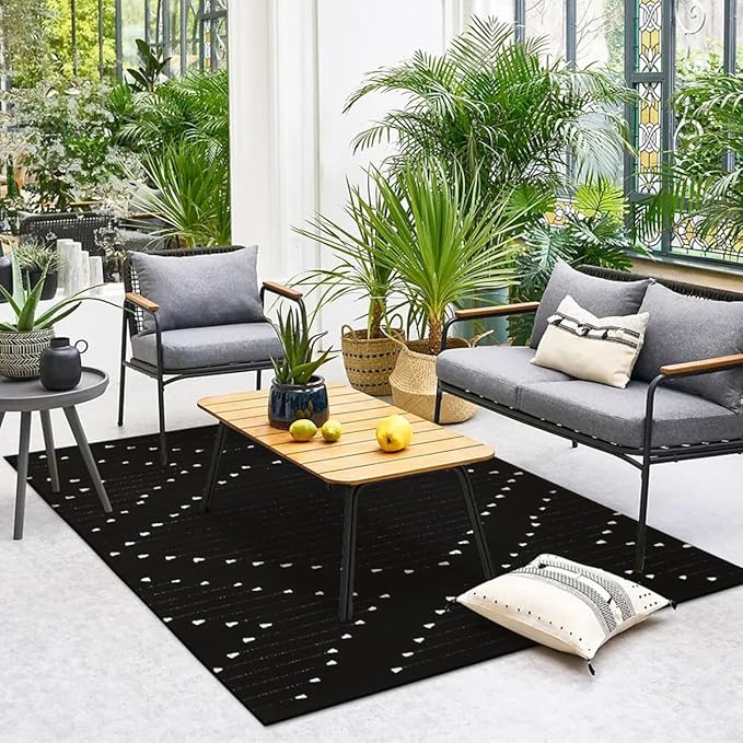 LIVEBOX Black Area Rug for Living Room,5' x 8' Large Boho Washable Moroccan Cotton Thin Carpet for Bedroom,Indoor Outdoor Throw Rug for Dining Room Porch Office