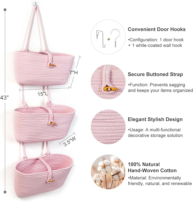 DULLEMELO Hanging Wall Basket for Wall Decor | Pink Woven Storage Basket with Button Strap | 3-Tier Hanging Baskets for Organizing | Hanging Kitchen Baskets