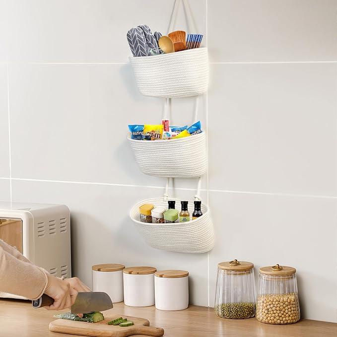 DULLEMELO Hanging Wall Baskets for Decor, 3-Tier Hanging Basket Organizer for Kitchen, White Woven Storage Basket with Door Hooks for Toy Storage