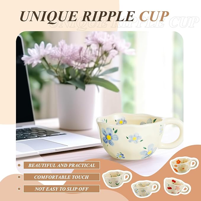 Vesici 4 Styles Cute Ceramic Flower Coffee Mug Set 8. 5 oz Vintage Aesthetic Porcelain Floral Tea Coffee Cup with Handle Dishwasher Microwave Safe for Woman Girls Gifts