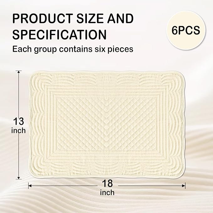 Apricot 100% Cotton Placemats Set of 6, Rectangular Placemats Machine Washable-13x18 Inches for Kitchen or Dining Table Fabric Rectangular Table Mats
