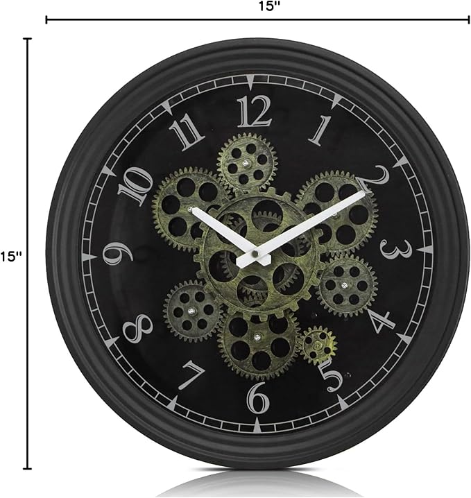CLXEAST 15 Inch Real Moving Gear Wall Clock, Vintage Industrial Steampunk Metal Wall Clocks for Living Room Decor,Kitchen, Home Office