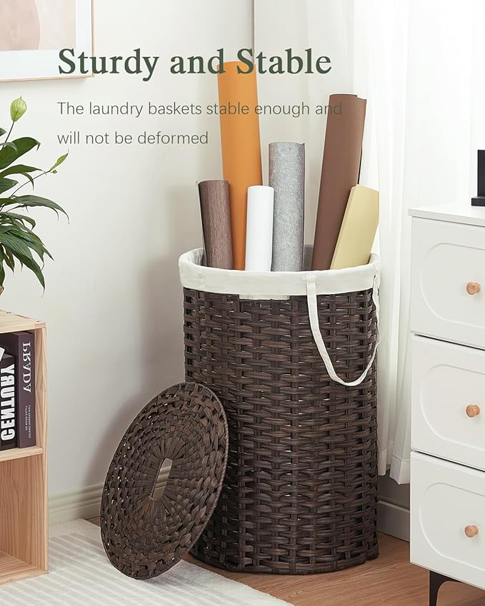 Large Laundry Hamper Laundry Basket Round 34.3 Gal (130 L) Handwoven Wicker Laundry Baskets Rattan Laundry Basket with Laundry Bag Handles 2 Mesh Bags for Living Room Bedroom Brown