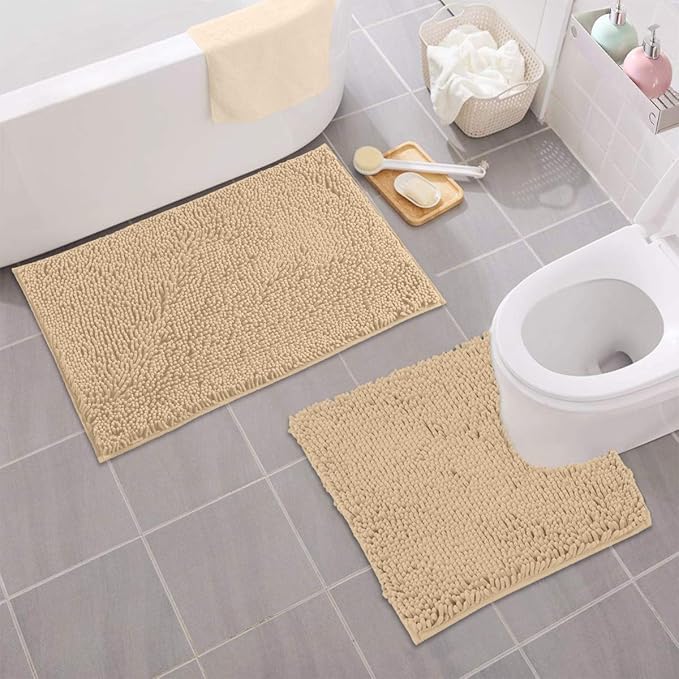 LuxUrux Bathroom Rugs Sets 2 Piece: Quick Dry, Soft Plush Anti-Slip, Super Absorbent. Includes Rectangular (31x20 inches) & U-Shaped Toilet Mat (20x20 inches) | Birch