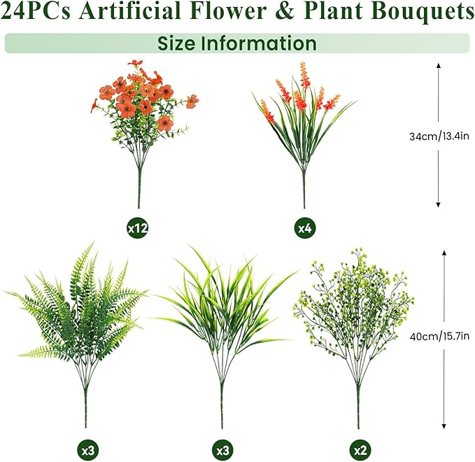 24 Bundles Artificial Flowers for Outdoors Spring Summer Decoration, UV Resistant Eucalyptus Violet and Lavender Silk Fake Plants for Outside Indoor Yard Home Patio Porch Decor, Orange