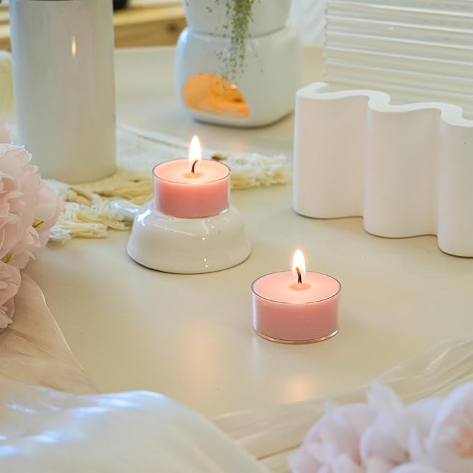 12 Unscented Natural Soy Tealight Candles in Clear Cups, 5H Long Clean Burning, Hand-Poured Pink Mini Tea Candle Set for Parties, Spa, Meditation, Gift, Holiday, Emergency, Home Decor