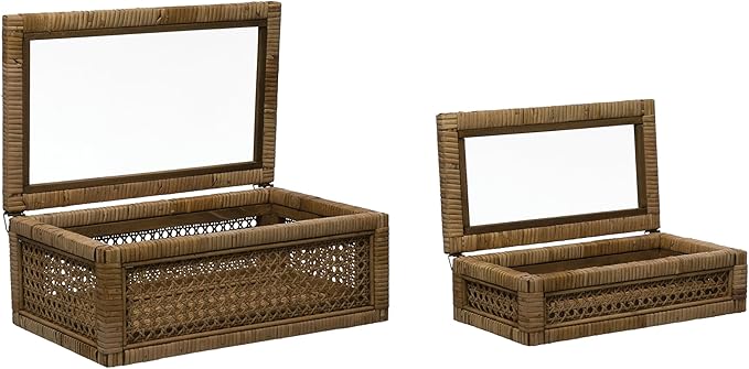Creative Co-Op Modern Decorative Rectangle Woven Rattan and Wood Display Boxes with Glass Top, Set of 2 Sizes, Natural Finish