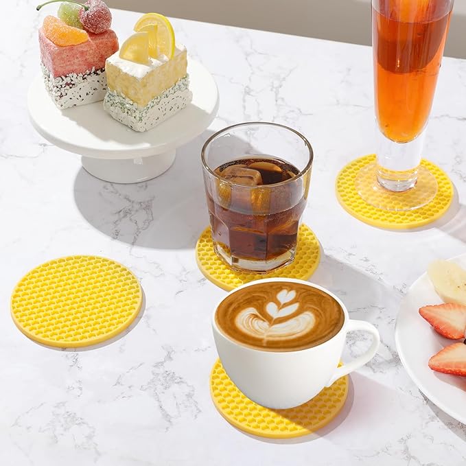 Coasters Set of 6 with Holder,Coasters for Drinks,Coffee Table Decor Coaster,Suitable for Kinds Cups,Anti-Slip,Non-Stick,Silicone Cup Coaster and Living Room Decor (6 Pcs, Yellow)