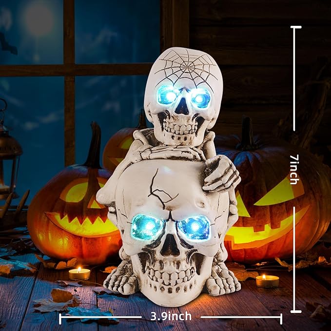 Halloween Skull Decor Resin Skeleton Head Stack Solar Garden Statue Unique Garden Decor for Outside Yard Porch Lawn, Ideal