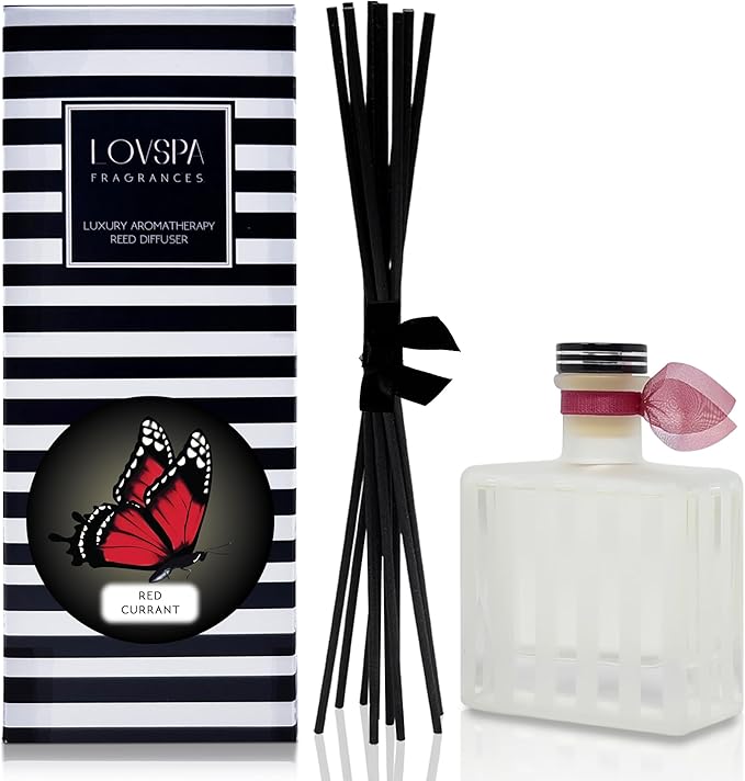 LOVSPA Red Currant Reed Diffuser and Scented Sticks Gift Set - Tart Red Currants, Vanilla, Lime & Raspberry Scent Notes - Diffuser for Large Rooms - Made in The USA