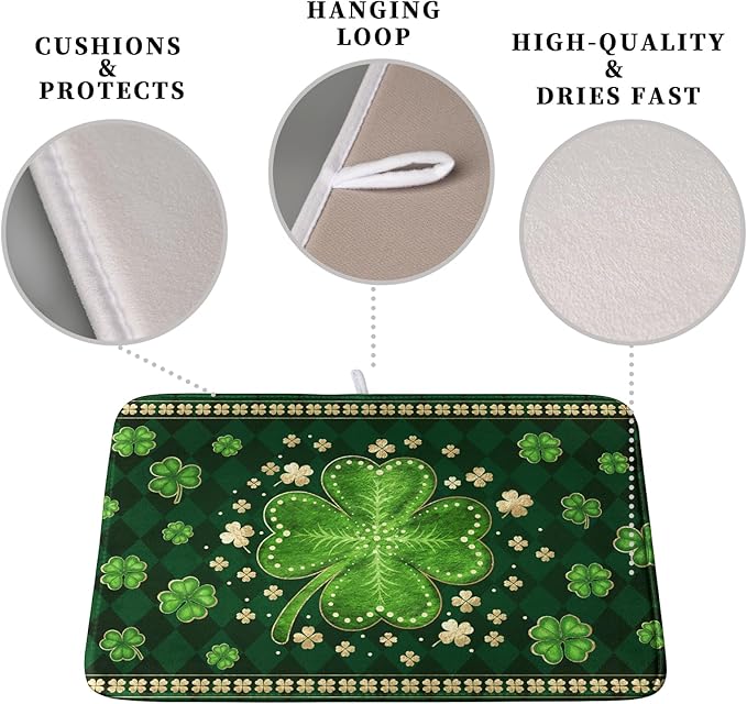 St Patrick's Day Green Shamrock Dish Drying Mat for Kitchen Counter 18x24 Inch Lucky Clover Check Plaid Drying Mat Spring Microfiber Dish Drainer Mat Super Absorbent Dish Rack Pad for Coffee Bar Sink