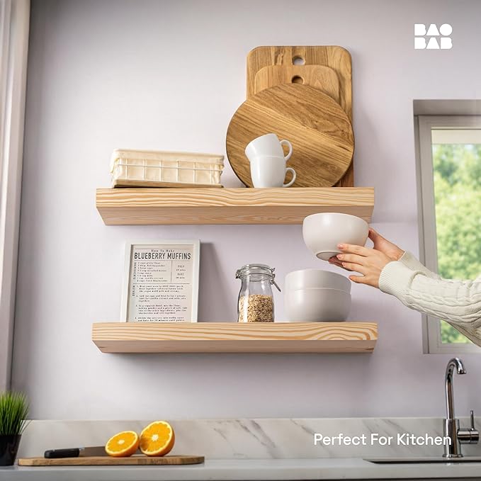 BAOBAB WORKSHOP Wood Floating Shelves for Bathroom Wall - Rustic Shelf 24 inch - Floating Wooden Shelves for Bedroom Kitchen Living Room - Natural Wood Shelves - DIY, 24 x 6.7 Inch, Set of 2