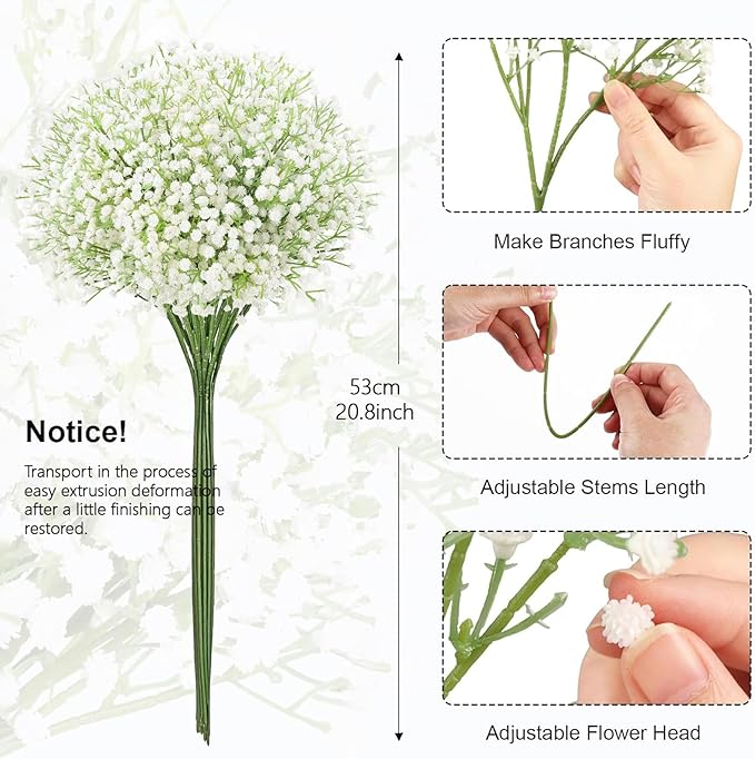 N&T NIETING Babys Breath Artificial Flowers Bulk, 15Pcs Fake Gypsophila Bouquet Flowers Real Touch Faux Babies Breath Arrangement for Wedding Floral Party Home Centerpieces Vase Decoration, White