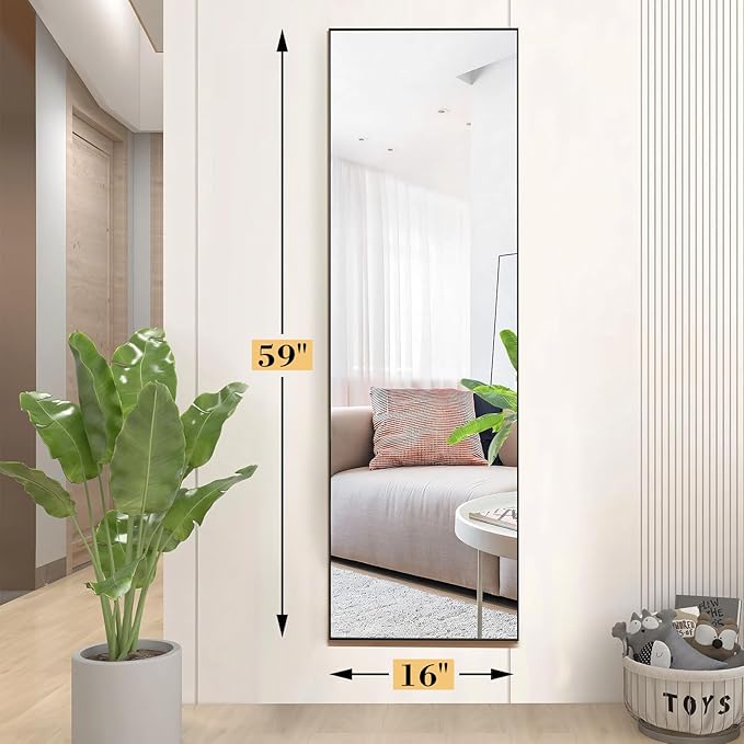 Sweetcrispy Full Length Mirror with stand, 59"x16" Floor Mirror with Aluminum Alloy Frame for Bedroom, Standing Full Body Mirror with Shatter-proorf Nano Glass for wall, Living Room, Cloakroom (Black)