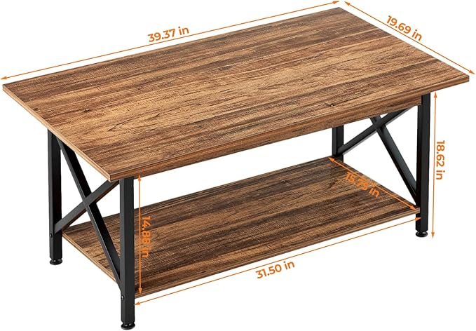 GreenForest Coffee Table with Storage, 39 inch Modern 2-Tier Coffee Tables for Living Room, X-Frame Design Farmhouse Coffee Table Space Saving Living Room Tables, Easy Assembly, Walnut