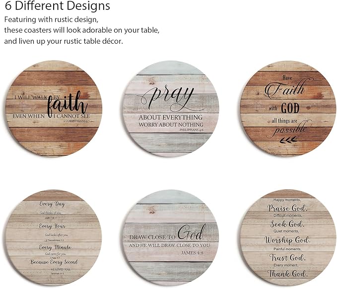 Coasters for Drinks with Bible Verses, Set of 6 Absorbent Drinks Coasters with Holder, Christian Gifts