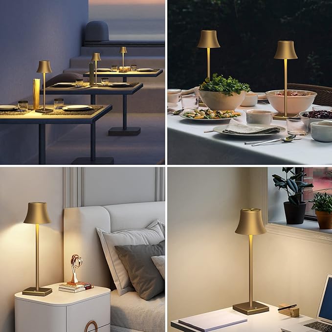 SAKRINGT 2 Pack LED Cordless Table Lamps Rechargeable,5000mAh Battery Operated Table Light,3 Color Stepless Dimming,Portable Small Desk Lamp in Aluminum for Party Patio Restaurant Indoor/Outdoor
