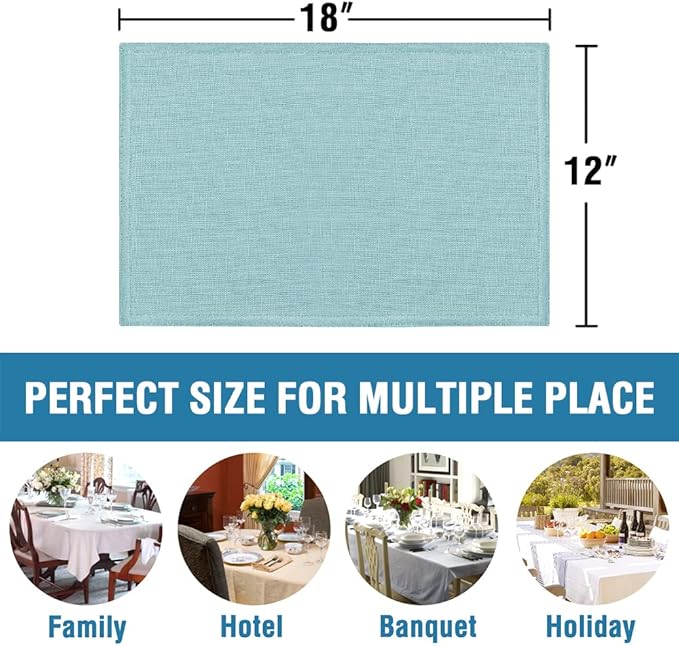 H.VERSAILTEX Linen Placemats Set of 6 Premium Solid Table Placemats for Dining Table Spill-Proof Waterproof Table Mats Heat-Resistant Kitchen Table Mats Washable, 12x18 inches, Aqua