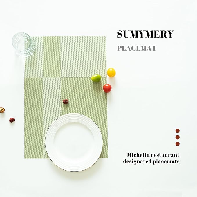 Placemats Set of 6 Vinyl/Plastic Woven Place Mats for Kitchen Table Indoor/Outdoor Washable Placemat Wipeable Dining Table Mats (Green Cube,6)