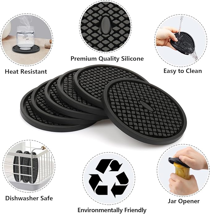 Soft Drinks Coasters Set - Absorbent Cup Mat - Kitchen & Coffee Table Decor (Diamond, 6Pack-Black)