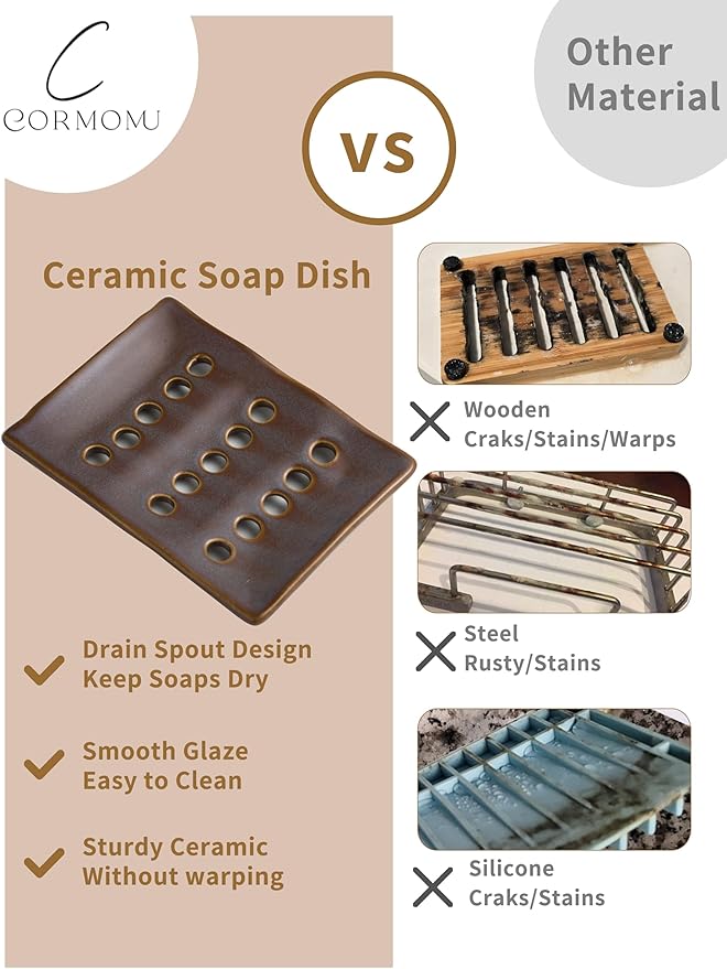 Soap Holder, Ceramic Soap Dish for Shower, Japanese Soap Tray with Self Drain for Sponges, Bath Tub, Bathroom, and Kitchen Sink, Purple